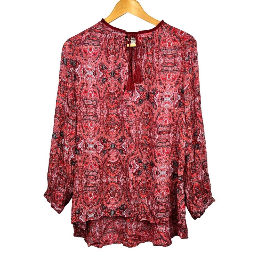 Lucky Brand Red Boho Peasant Blouse Tunic Top 1X Fringed Long Sleeve